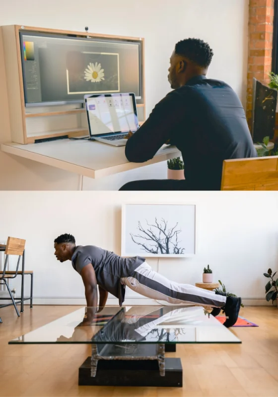 Split photo of a man working at a fold down desk and then it folded up and him working out. 