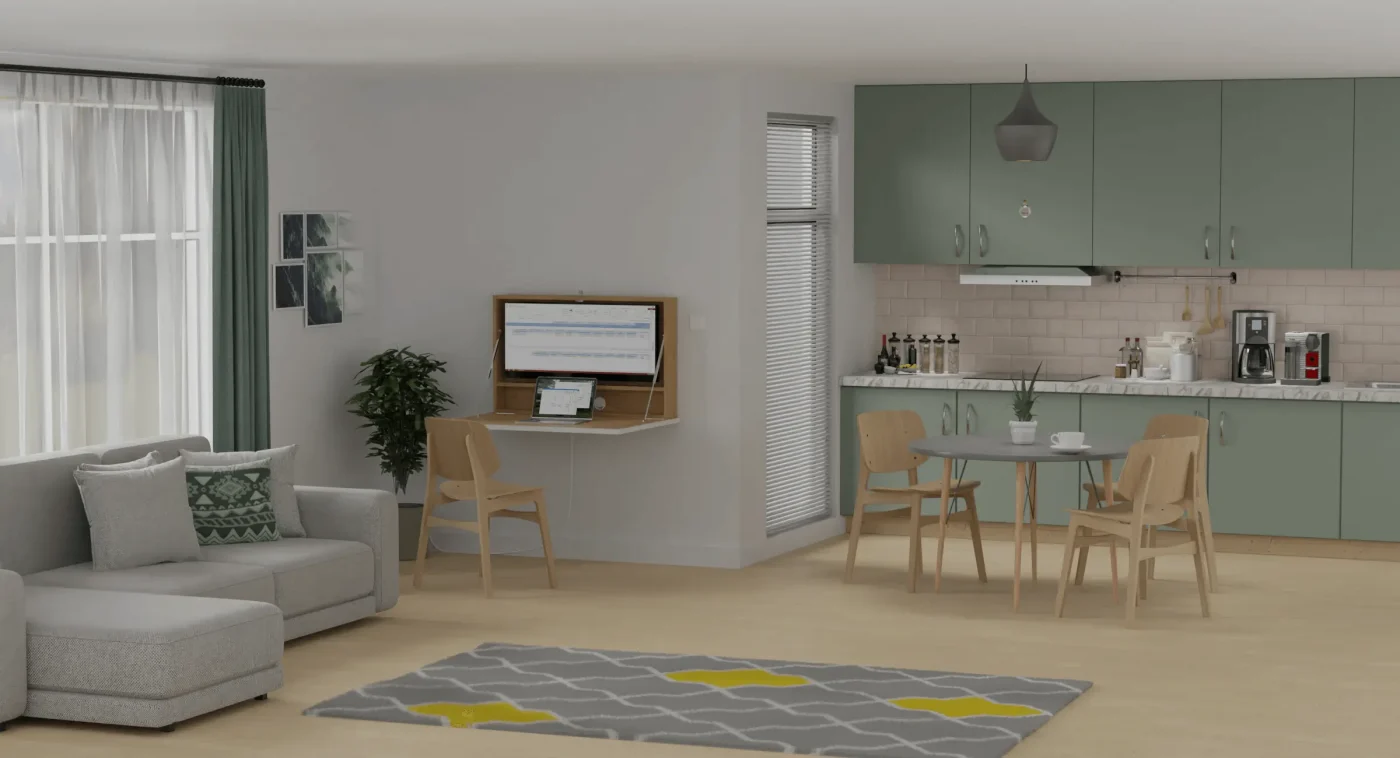 Fold down desk in a small flat. Excellent example of desks that save space. 