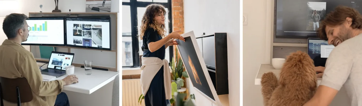 A lady closing a foldable desk from wall.