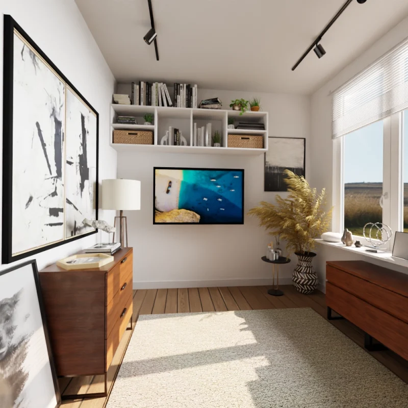 a small, cozy modern interior with a closed murphy desk as a picture of a shipwreck and breach