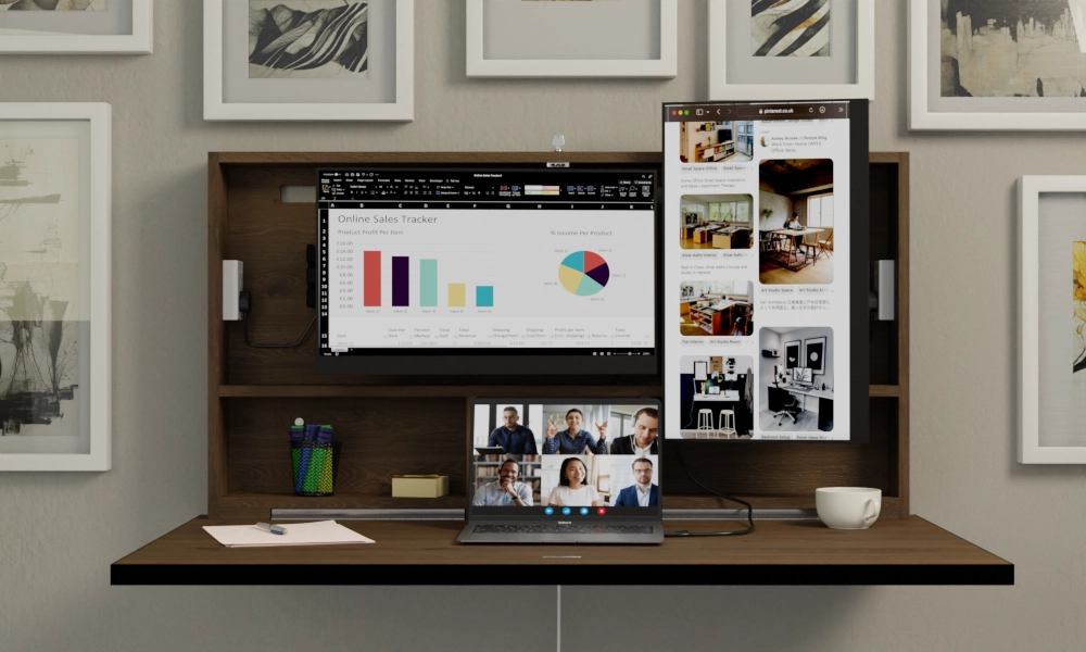 Two monitor space saving desk running from a laptop.