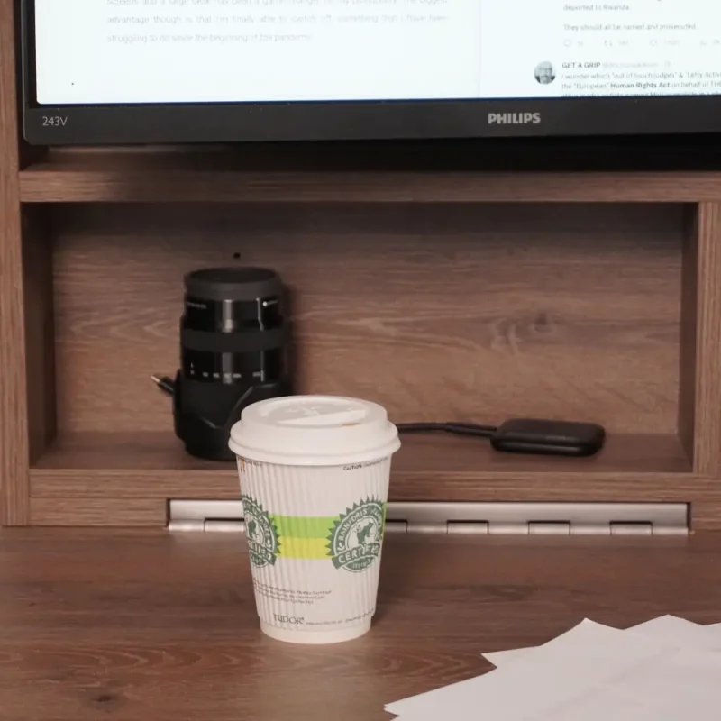 Storage space in the DropTop fold down desk.