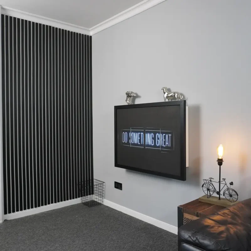 Folded up office desk with art decal. 