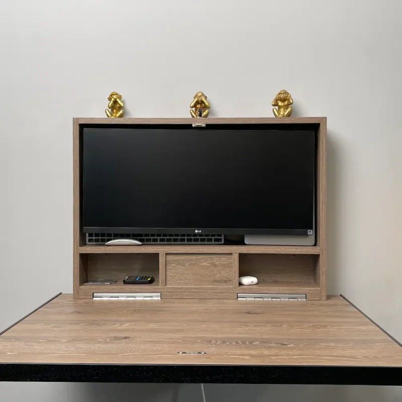 fold own desk with smart storage solutions and a shelf on top.