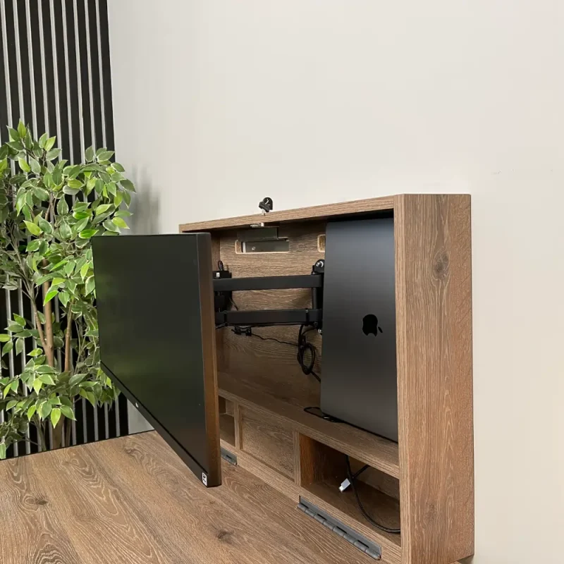 work from home desk with cool storage features for a laptop, monitors and other accessories. 