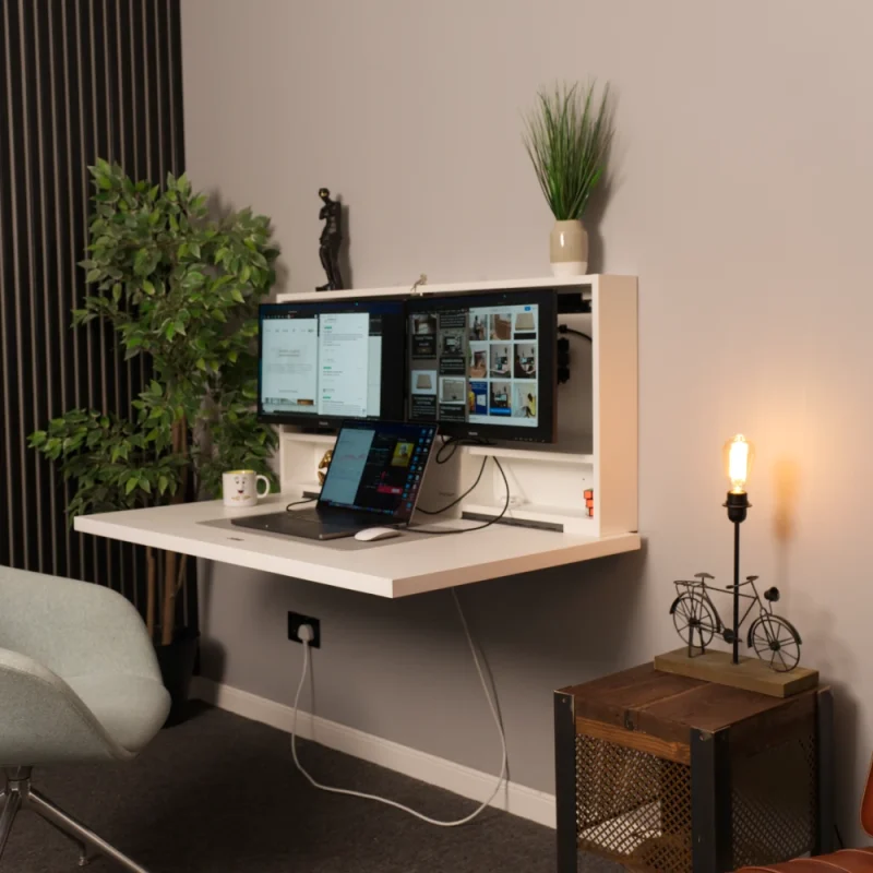 White DropTop Desk folded down with two monitors. 