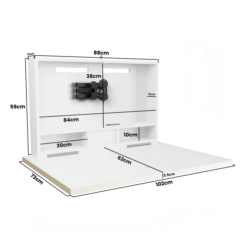 White fold out desk with measurements and dimensions displayed.