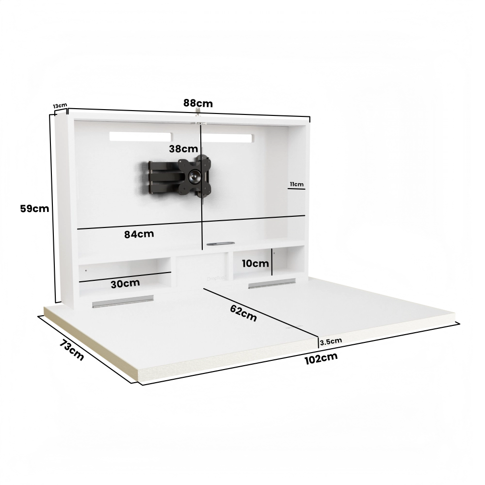 White fold out desk with measurements and dimensions displayed.